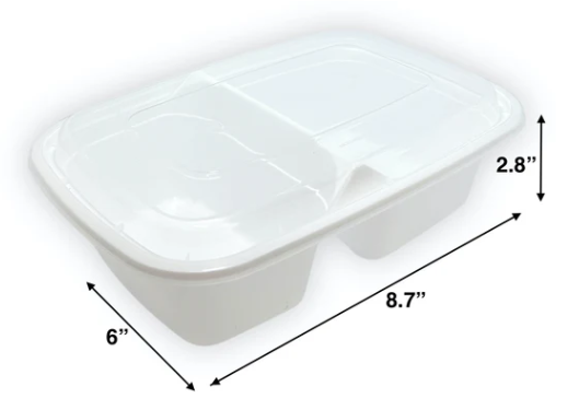 38 OZ | 1124ML | White | PP Rectangular 2 Compartment  Re-useable Container Set(Lid & Base)